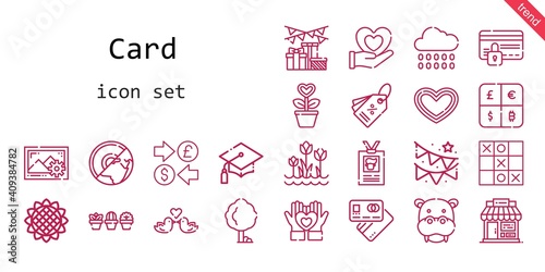 card icon set. line icon style. card related icons such as gift, rain, images, garland, shop, tree, sunflower, heart, hippopotamus, id card, debit card, tulips, love birds, graduation