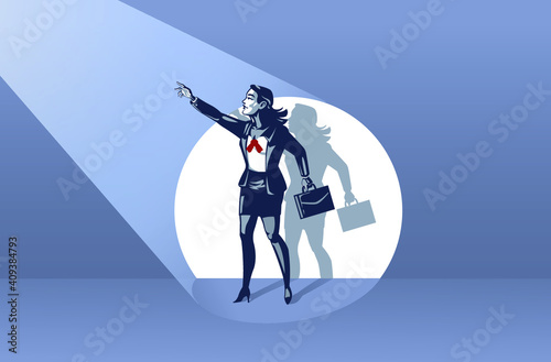 Business Woman Standing on Stage Waving Hand to the Spotlight Blue Collar Conceptual Illustration