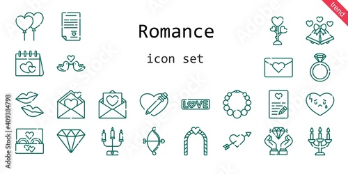 romance icon set. line icon style. romance related icons such as love, wedding ring, engagement ring, balloons, broken heart, necklace, kiss, wedding bells, heart, cupid, diamond, wedding arch