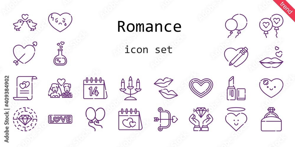 romance icon set. line icon style. romance related icons such as love, balloon, engagement ring, balloons, broken heart, lipstick, kiss, heart, love potion, cupid, diamond, love birds romance icon set. line icon style. romance related icons such as love, balloon, engagement ring, balloons, broken heart, lipstick, kiss, heart, love potion, cupid, diamond, love birds