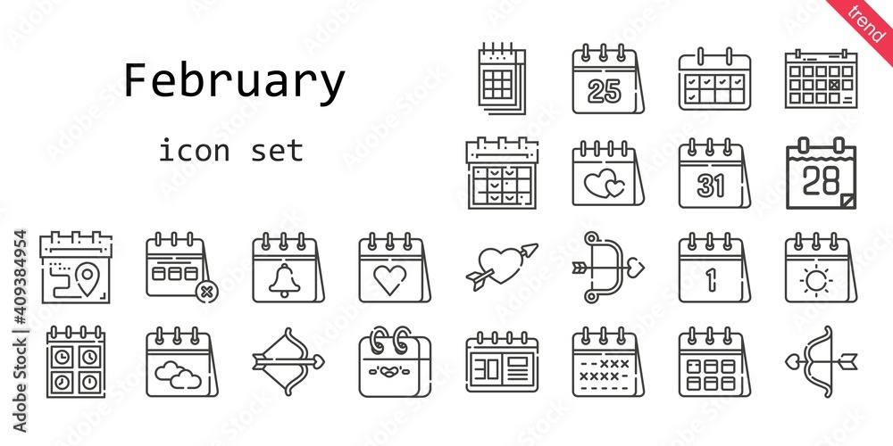 february icon set. line icon style. february related icons such as calendar, cupid, valentines day, february icon set. line icon style. february related icons such as calendar, cupid, valentines day,