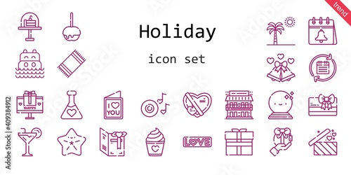 holiday icon set. line icon style. holiday related icons such as calendar, gift, love, potion, beach towel, caramelized apple, wedding bells, motel, sea, ball, palm tree, romantic music