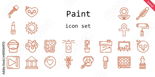 paint icon set. line icon style. paint related icons such as next, love, blackboard, paint roller, color, blueberries, cross, sculpture, quill, lipstick, eyedropper, house, sun, heart, flower