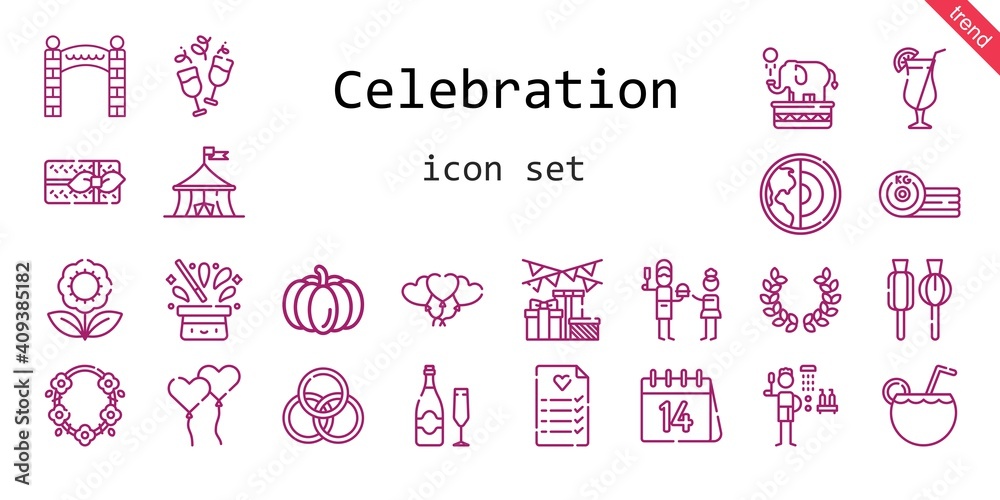 celebration icon set. line icon style. celebration related icons such as gift, laurel, shower, balloons, father, lollipop, necklace, flower, wedding planning, rings, cocktail, earth