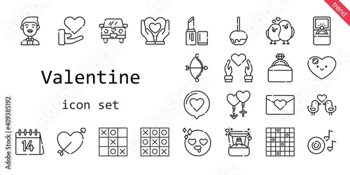 valentine icon set. line icon style. valentine related icons such as love, couple, groom, ring, engagement ring, caramelized apple, lipstick, heart, cupid, wedding car, romantic music, in love