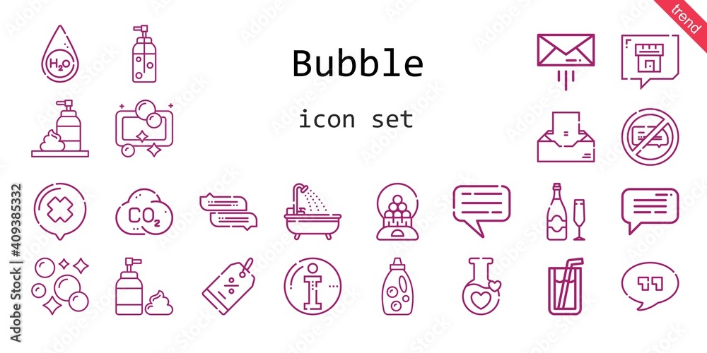 bubble icon set. line icon style. bubble related icons such as potion, no chatting, foam, co2, discount, message, soda, water, quotes, detergent, bathtub, candy machine, chat, champagne