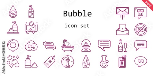 bubble icon set. line icon style. bubble related icons such as potion, no chatting, foam, co2, discount, message, soda, water, quotes, detergent, bathtub, candy machine, chat, champagne