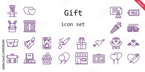 gift icon set. line icon style. gift related icons such as confetti, shop, balloons, briefcase, certificate, box, store, heart, cupid, diamond, mailbox, highlighter, hearts, diploma, tag, bunny