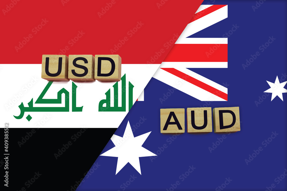 Iraq and Australia currencies codes on national flags background Iraq and Australia currencies codes on national flags background