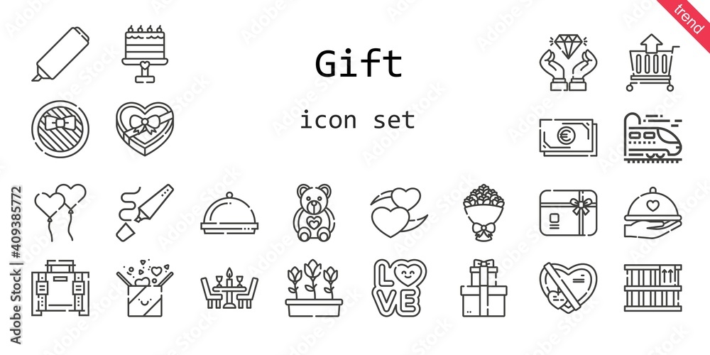 gift icon set. line icon style. gift related icons such as gift, love, gift card, briefcase, bouquet, box, dinner, heart, cart, diamond, tulips, highlighter, cake, chocolate gift icon set. line icon style. gift related icons such as gift, love, gift card, briefcase, bouquet, box, dinner, heart, cart, diamond, tulips, highlighter, cake, chocolate