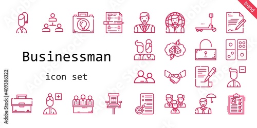 businessman icon set. line icon style. businessman related icons such as handshake, office chair, briefcase, hierarchical structure, contract, team, list, employee, remove 