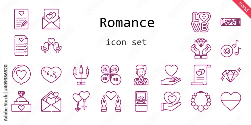 romance icon set. line icon style. romance related icons such as love, groom, couple, engagement ring, broken heart, necklace, petals, heart, wedding planning, diamond, romantic 