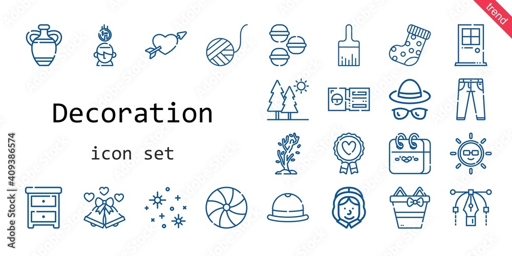 decoration icon set. line icon style. decoration related icons such as calendar, nightstand, door, ticket, candy, paint brush, tree, wool ball, vase, stars, pilgrim, favourite, wedding 