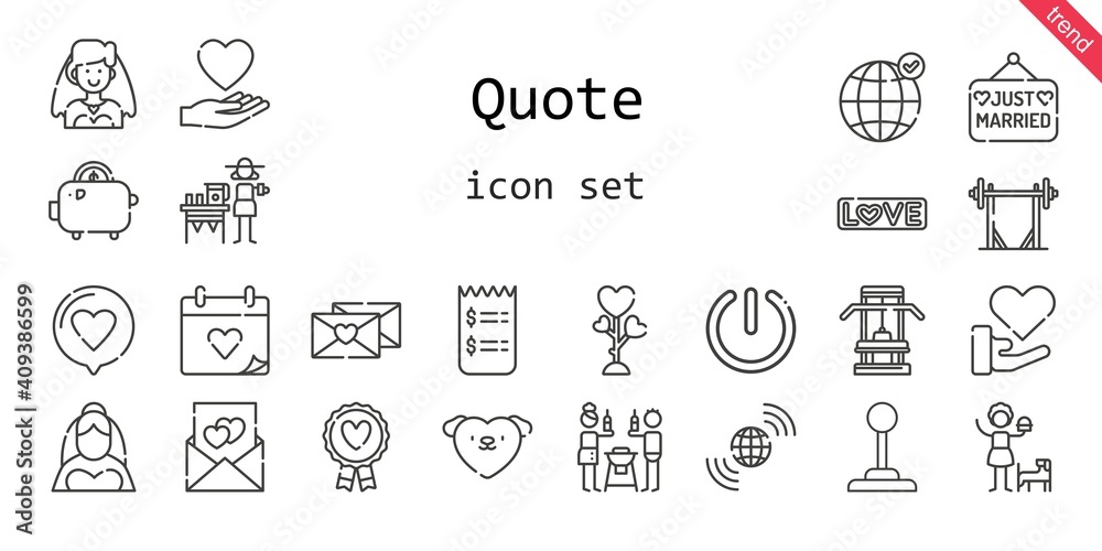 quote icon set. line icon style. quote related icons such as love, bride, just married, wedding day, joystick, barbell, lemonade, girl, favourite, friends, earth grid, love letter