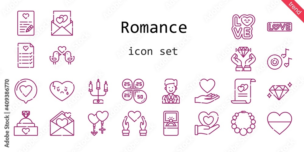romance icon set. line icon style. romance related icons such as love, groom, couple, engagement ring, broken heart, necklace, petals, heart, wedding planning, diamond, romantic music romance icon set. line icon style. romance related icons such as love, groom, couple, engagement ring, broken heart, necklace, petals, heart, wedding planning, diamond, romantic music