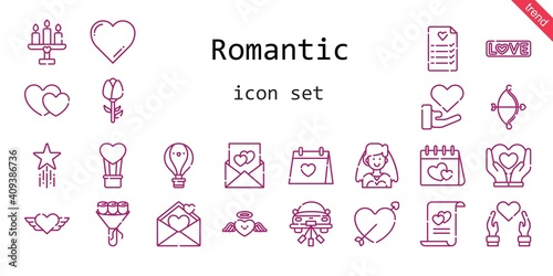 romantic icon set. line icon style. romantic related icons such as bride, love, wedding day, bouquet, heart, cupid, wedding car, wedding planning, hot air balloon, marriage, candle