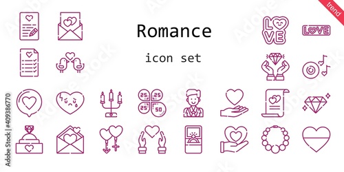 romance icon set. line icon style. romance related icons such as love, groom, couple, engagement ring, broken heart, necklace, petals, heart, wedding planning, diamond, romantic music