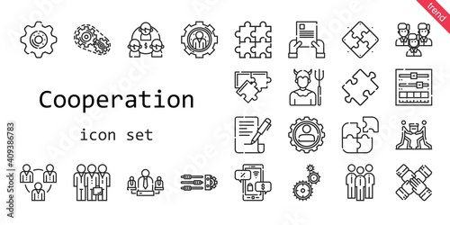 cooperation icon set. line icon style. cooperation related icons such as settings, teamwork, puzzle, contract, negotiation