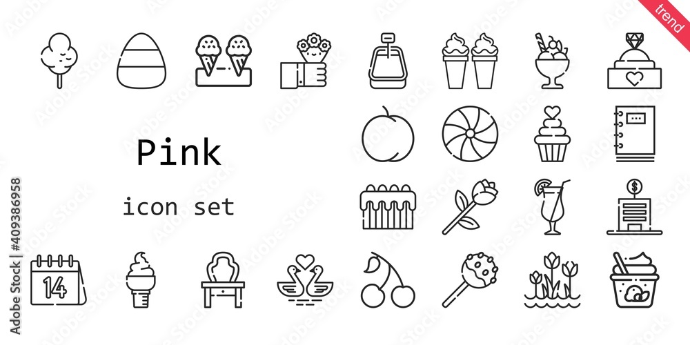 pink icon set. line icon style. pink related icons such as cherry, cotton candy, flowers, candy, engagement ring, peach, swans, cake pop, bank, dressing table, ice cream, tulips, cocktail