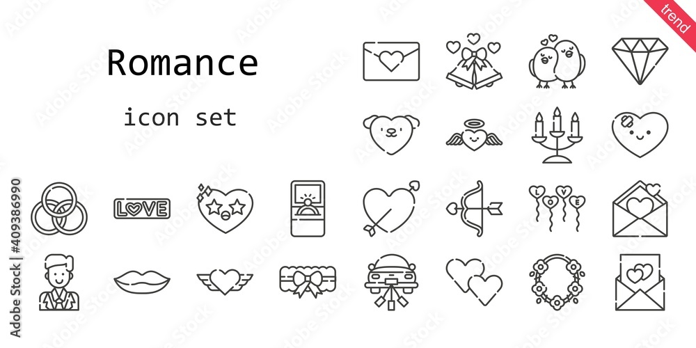 romance icon set. line icon style. romance related icons such as love, groom, balloons, engagement ring, garter, necklace, wedding bells, heart, cupid, wedding car, lips, diamond, rings