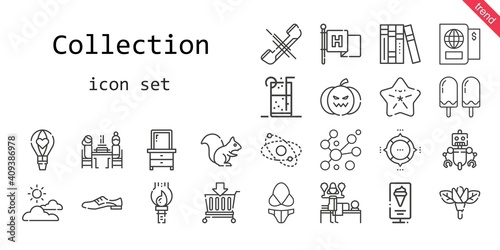 collection icon set. line icon style. collection related icons such as basket, flag, soft drink, paint brush, planet, drawer, pie chart, shoes, flower, robot, cloudy, pierrade, hot air balloon,