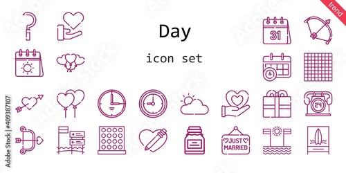 day icon set. line icon style. day related icons such as love, calendar, just married, sickle, balloons, clock, bow, conserve, heart, cupid, cloudy, 24 hours, tic tac toe, beach, time, present,