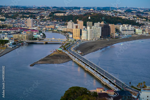 Fototapeta Naklejka Na Ścianę i Meble -  Japan. Fujisawa city. Kanagawa Prefecture. Iisland of Honshu. The view from the top of the island in Fujisawa. Panorama of Japan from a height. Travelling to Tokyo. Asian country.
