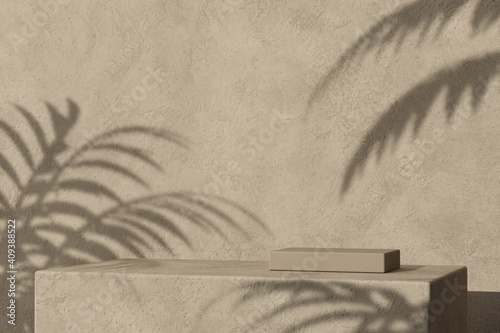 the box plaster podium and tropical palm shadow, abstract minimal mockup background for product presentation.