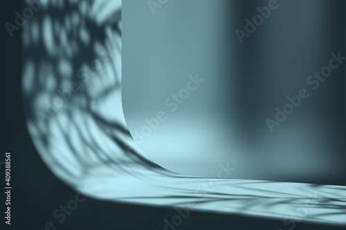 the blue curve step shines with tree shadow, blur shadow background, abstract mockup for product or sale presentation.