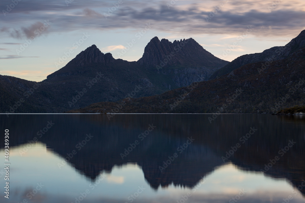 The Dove lake at dusk in Cradle Mountain - Lake St Clair National Park, Tasmania, Australia.