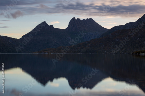 The Dove lake at dusk in Cradle Mountain - Lake St Clair National Park, Tasmania, Australia. photo