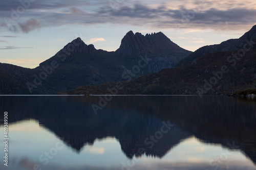 The Dove lake at dusk in Cradle Mountain - Lake St Clair National Park, Tasmania, Australia.