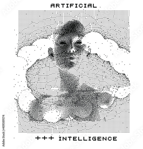 Human head made of the array of particles, pixelated and glitched portret of supreme artificial intelligence. Generative computer art.