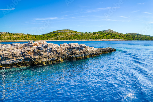 Beautiful landscape of Mediterranean Sea, rocks and islands in the sea, Croatia. Vacation travel destination.