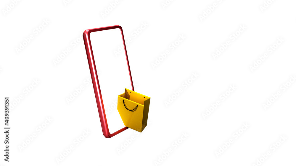 Mobile phone red edge with white blank screen and empty brown shopping bag for copy space 3D rendering Mobile phone red edge with white blank screen and empty brown shopping bag for copy space 3D rendering