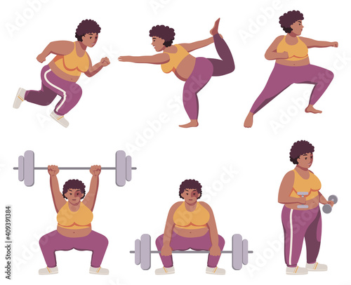 Fat strong black plus size woman with natural hair in cute sportswear. Workout. Exercises. Fitness. Yoga. Isolated flat minimal simple cute cartoon illustration