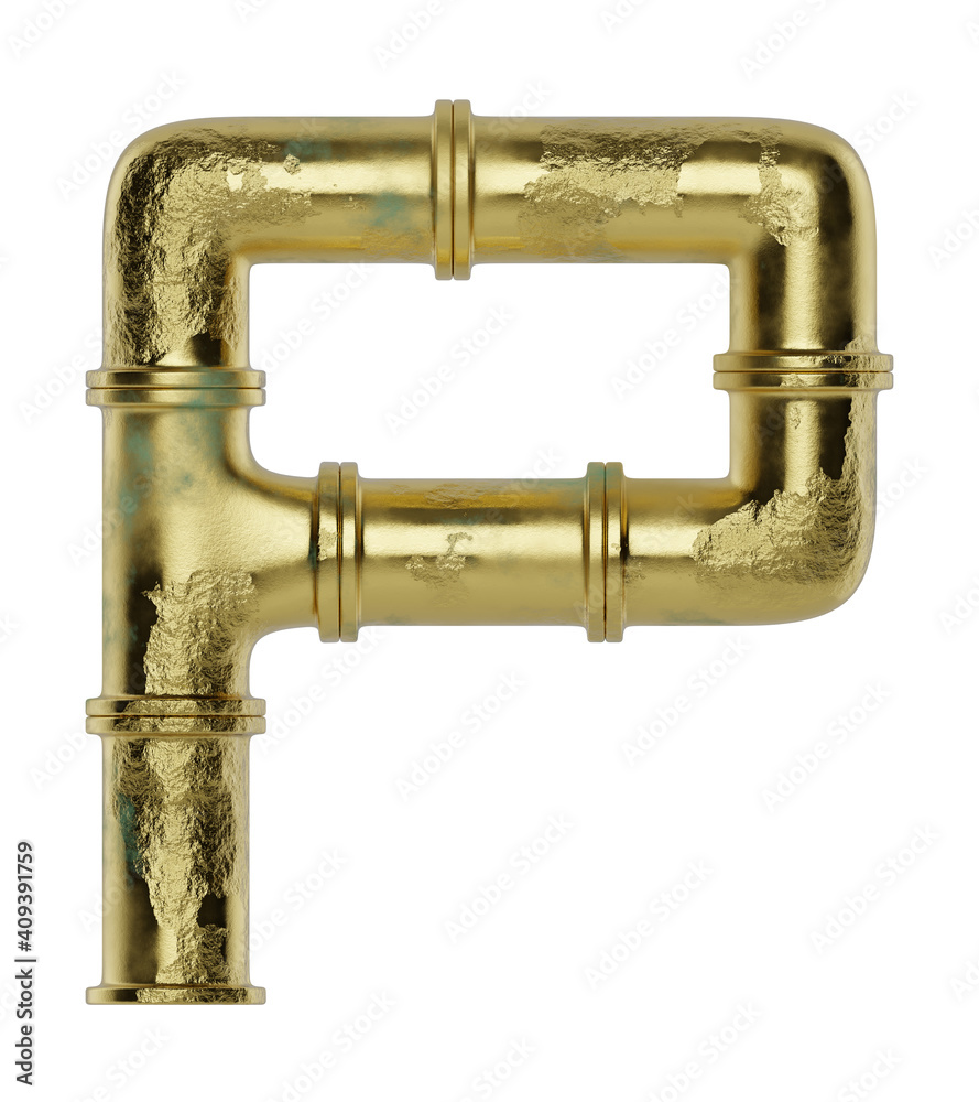 Letter P made of pipe isolated on white background, ware pipes system. Industrial alphabet, plumbing service. Decoration font, typography concept. 3d rendering Letter P made of pipe isolated on white background, ware pipes system. Industrial alphabet, plumbing service. Decoration font, typography concept. 3d rendering