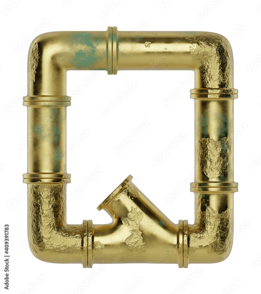 Letter Q made of pipe isolated on white background, ware pipes system. Industrial alphabet, plumbing service. Decoration font, typography concept. 3d rendering Letter Q made of pipe isolated on white background, ware pipes system. Industrial alphabet, plumbing service. Decoration font, typography concept. 3d rendering