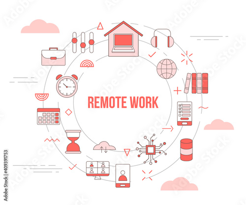 remote work concept with icon set template banner with modern orange color style and circle round shape