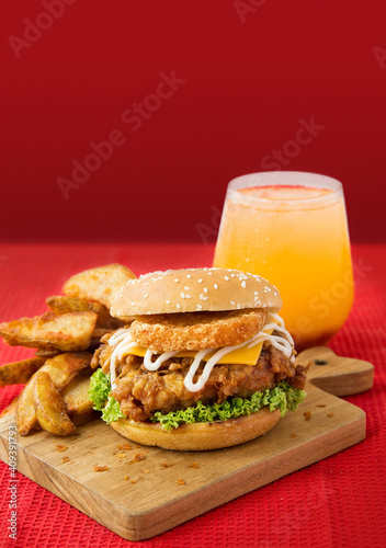 Hamburger set with potato wedges and drinks