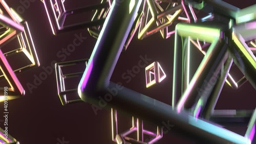 Futuristic shape, animation of an abstract objects. Zooming or flying through. Glow and dynamic technology concept background.