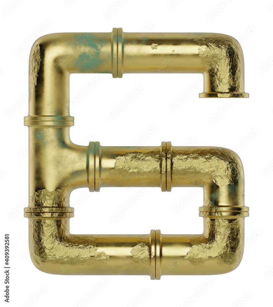 Number 6 made of pipe isolated on white background, ware pipes system. Industrial alphabet, plumbing service. Decoration font, typography concept. 3d rendering Number 6 made of pipe isolated on white background, ware pipes system. Industrial alphabet, plumbing service. Decoration font, typography concept. 3d rendering