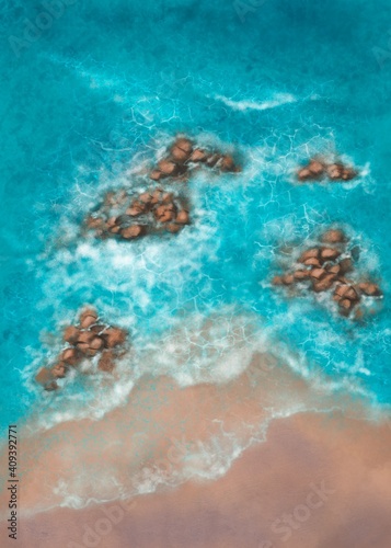 Sea beach with reefs. Top view. Digital painting.