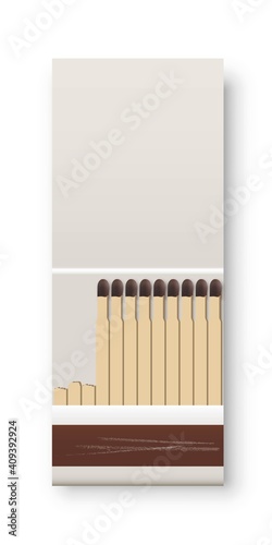 Open matchbox with matches. One box with heap of flammable matches. Kitchen house equipment vector illustration. Design of used package with scratches on white background