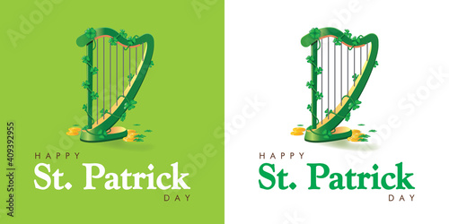 Saint Patrick's Day greeting card with Harp covered with clovers and gold coins. Irish holiday Vector illustration