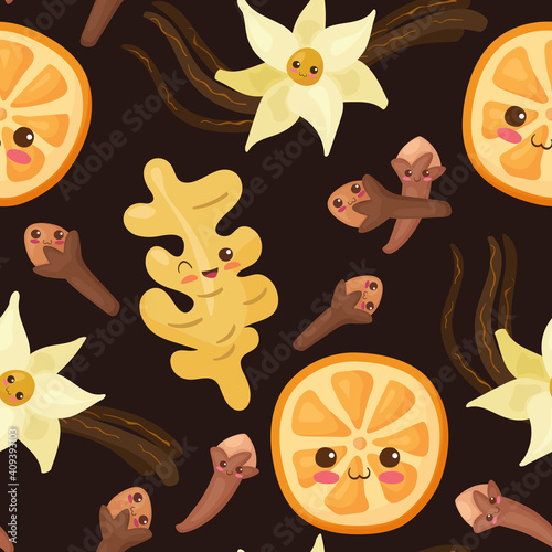 Seamless pattern with spices on dark background. Cute vector illustration of orange, cloves, vanilla and ginger. Kawaii funny smiling food characters. Children menu, kitchen, card, background design.