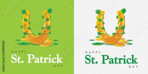 Saint Patrick's Day greeting card with Horsesoe covered with clovers and gold coins. Irish holiday Vector illustration