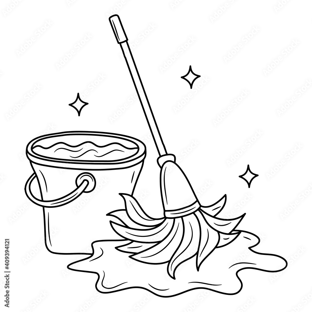 Simple mop and bucket of water, black and white Line art vector  illustration Stock Vector | Adobe Stock