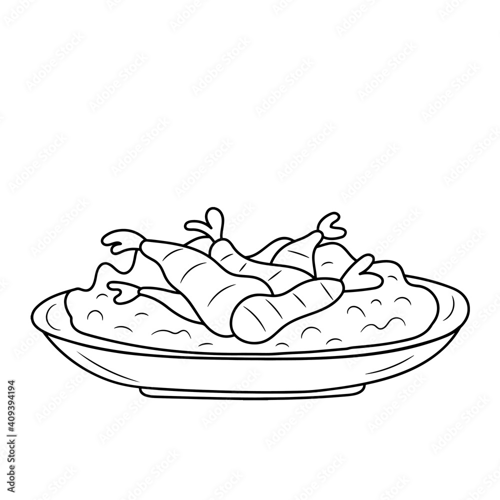 Fried Rice with ebi tempura on the plate, black and white Line art vector illustration Fried Rice with ebi tempura on the plate, black and white Line art vector illustration