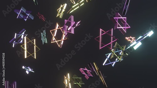 Futuristic shape, animation of an abstract objects. Zooming or flying through. Glow and dynamic technology concept background.